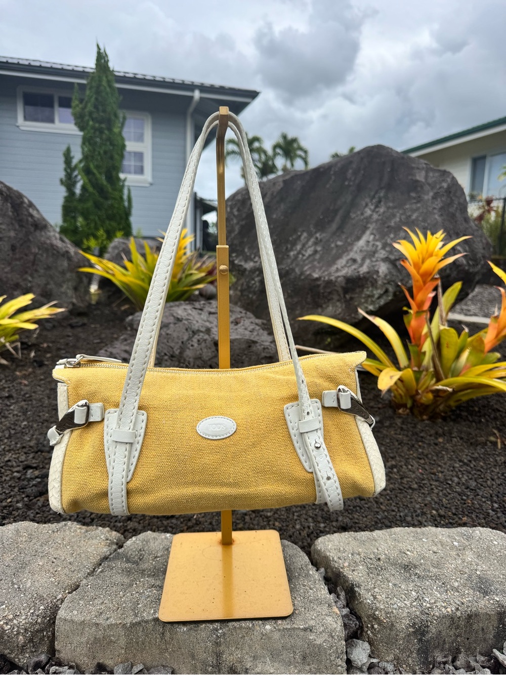 Tod’s Yellow Canvas & White Leather Mini Shoulder Bag Italy